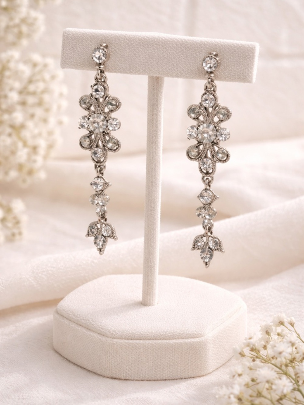 Rhinestone Floral Drop Silver Tone Earrings - Bridal Glam